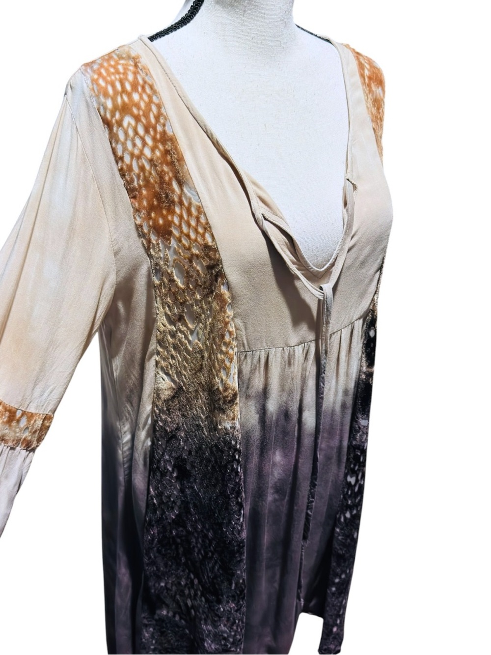 Boho Tie-Front‎ Tunic Dress in Cream, Brown & Purple - Picture 6 of 8